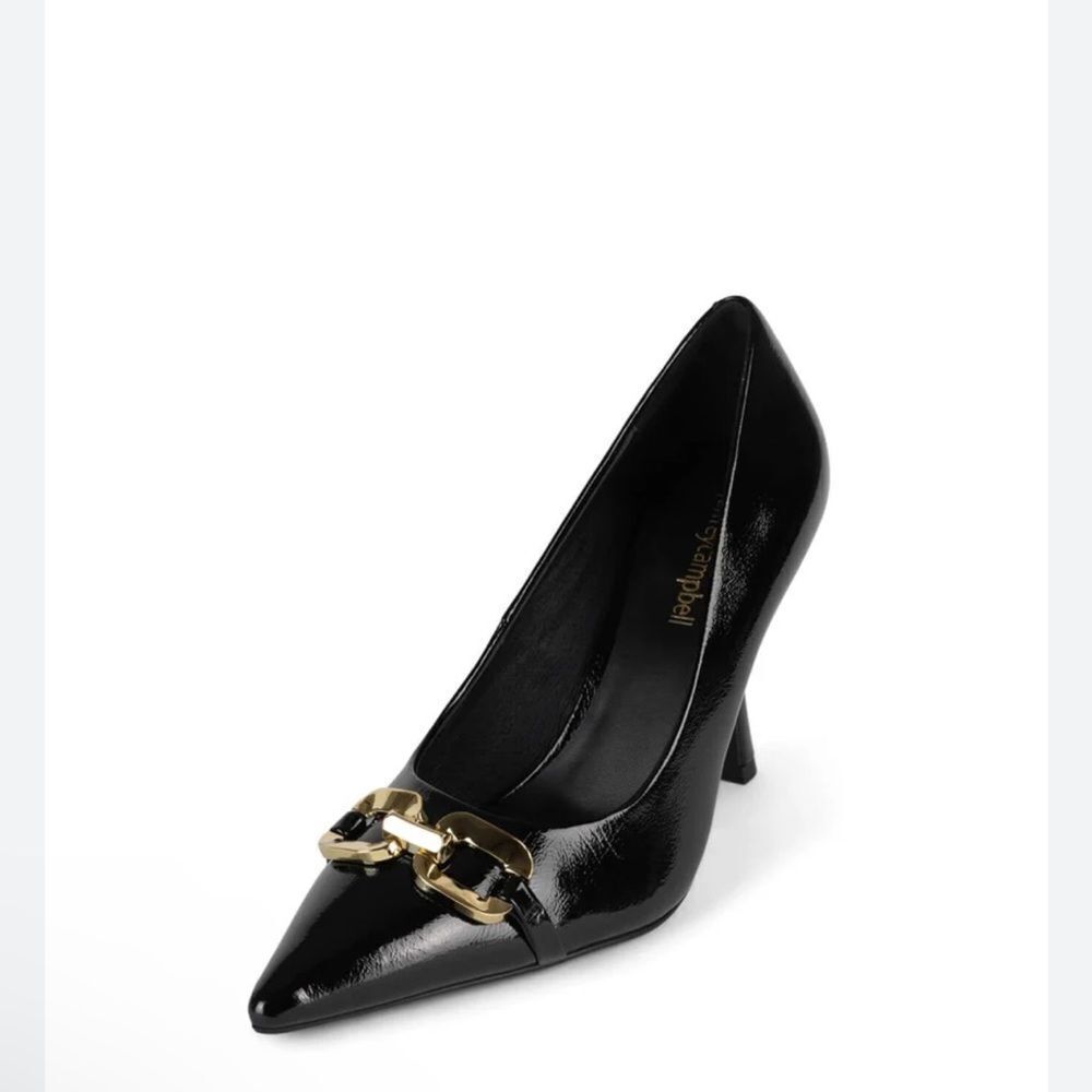 Jeffrey Campbell Black Patent Pointed Toe Heels with Gold Chain Accent